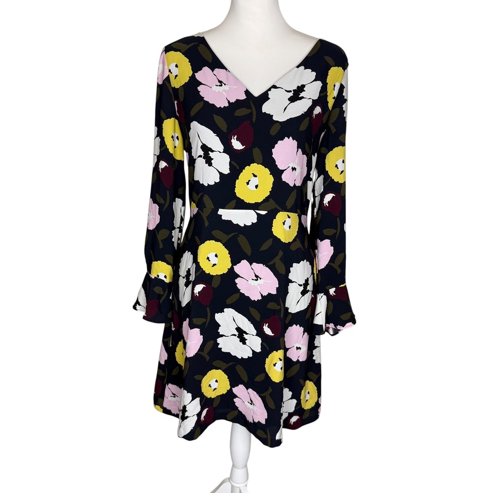Ann Taylor Factory Floral V-Neck Fit‎ & Flare Dress Navy Blue Yellow Pink Size 8